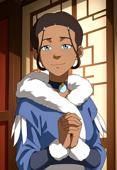 score_9, score_8_up, score_7_up, realistic, realism, HD, perfect quality, 16k, very detailed, realistic lighting, detailed face, BREAK, (((good_hands))), (((perfect eyes, bedroom eyes, (light smile:0.5)))), BREAK, solo, 1girl, (((Katara-BookWater, blue eyes, short hair, brown hair, hair ornament, dark skin, dark-skinned female))), eye_focus, ((medium breasts, big ass)), (bedroom eyes), looking at viewer, nervous, seductive, sensual, medium body size, slightly small neck, plumb body, voluptuous hips and thighs, curvy body size, microwaist, (feminine body, soft body:1.5), BREAK, dark skin, blue eyes, smile, hair ornament, brown hair, upper body, 1girl, dark-skinned female, closed mouth, male focus, hairclip, short hair, dark-skinned male, 1boy, black hair, fur trim