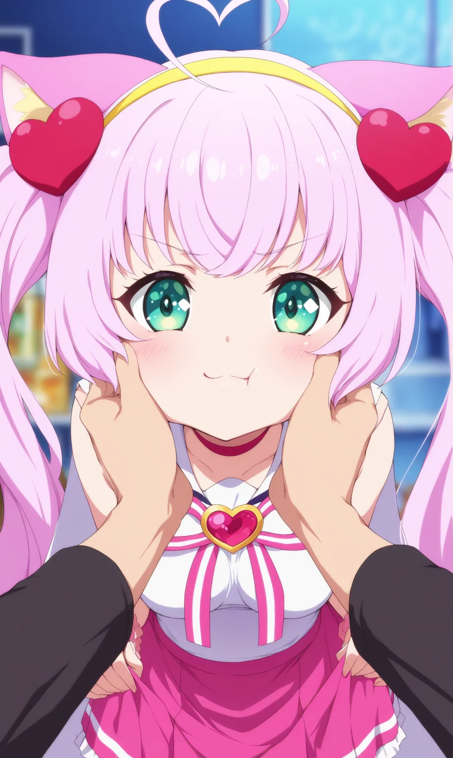 masterpiece, best qualify, beautiful eyes, zzRosia, 1girl, animal ears, ahoge, heart, long hair, pov, looking at viewer, pink skirt, cat ears, solo focus, twintails, skirt, yellow hairband, pink hair, bangs, heart ahoge, breasts, shirt, blush, green eyes, hair ornament, white shirt, pov hands, hairband, blurry background, very long hair, blurry, cheek squash, choker, heart hair ornament, closed mouth, sleeveless, 1boy, pout, cat girl, collarbone, hands on another's cheeks, frilled skirt, :i, frills, bare shoulders, sleeveless shirt, animal ear fluff, hands on another's face, smile