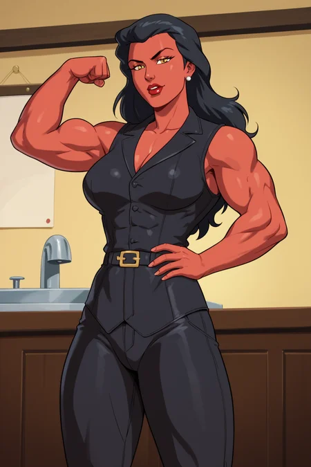 PonyXLV6_Scores BREAK ((parody, retro artstyle), perfect anatomy, perfect eyes, cowboy shot) <lora:add_details_xl:0.8> BREAK <lora:Betty_Ross:0.8> betty ross, black hair, long hair, yellow eyes, colored skin, red skin, muscular female, lipstick, red lips, half-closed eyes, flirting, raised eyebrow, ((looking at viewer)), jewelry, earrings, leather, black vest, black pants, large breasts, curvy, toned, athletic, standing, seductive pose, flexing, hands on hips, indoors