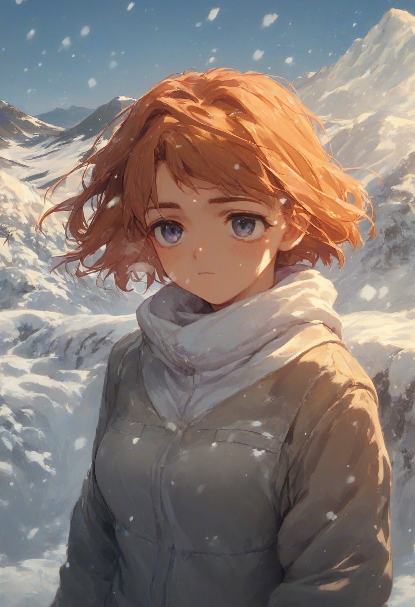 Expressiveh, mai tokiha score_9, score_8_up, score_7_up, 
 nekoyashikiyuki, 
snow mountain, footprints on the snow, white breath, upper body,