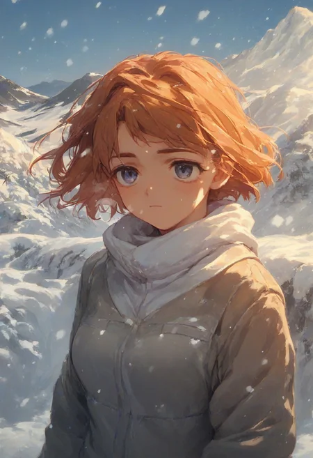 Expressiveh, mai tokiha score_9, score_8_up, score_7_up,
nekoyashikiyuki,
snow mountain, footprints on the snow, white breath, upper body,