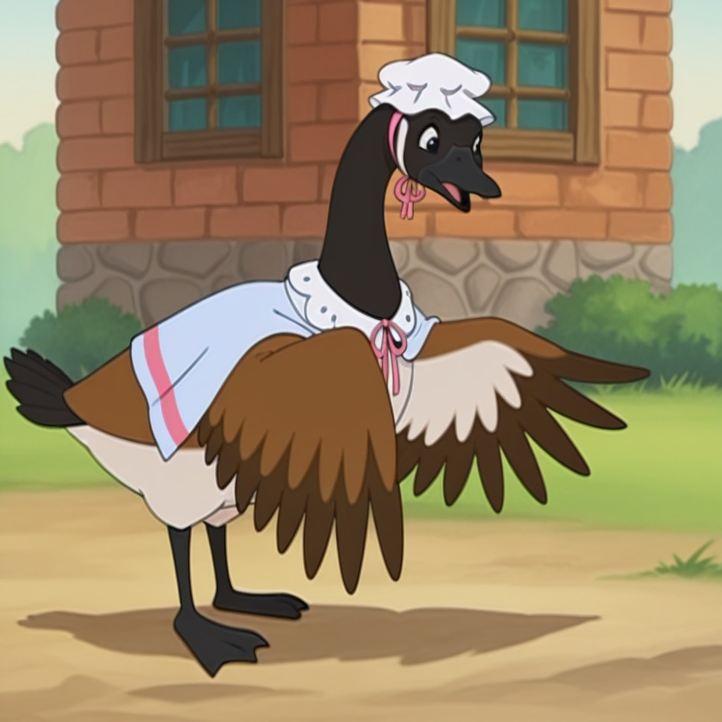 masterpiece, best quality, amazing quality, goosefrnklnil, feral, female goose, brown feathers, black eyes, winged arms, blue capelet pink stripe, white hat, pink ribbon, standing, outside, <lora:ea778e67-2fa7-421e-84cc-60862fa4d09b:1.0>