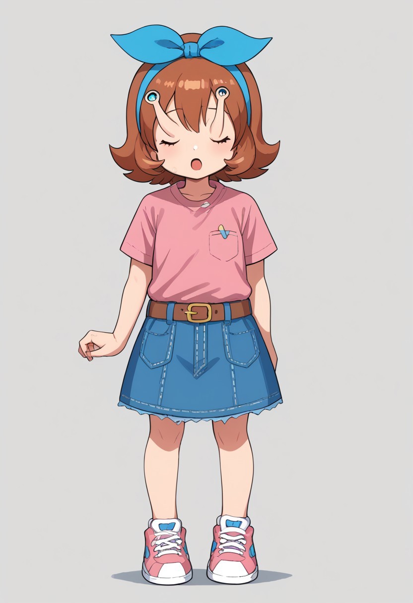 score_8, score_8_up, score_7_up, BREAK female focus, 1girl, solo, dorinha, short hair, shirt, skirt, short sleeves, hairband, shoes, belt, blue skirt, denim, sneakers, pink shirt, pink footwear, brown belt, blue hairband, denim skirt, standing, eyestalks