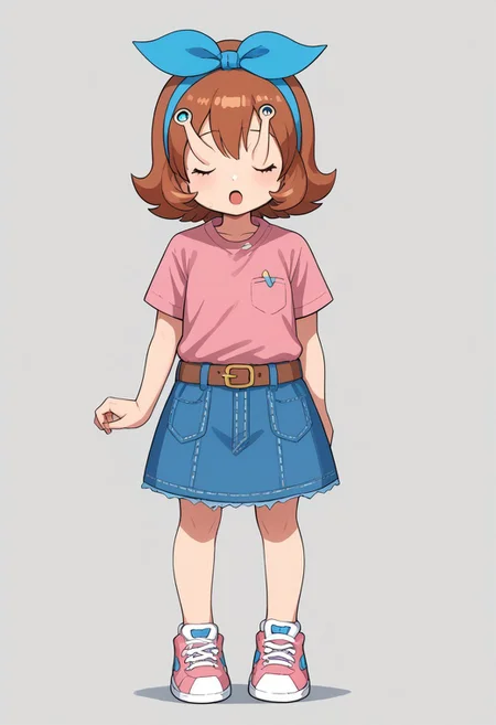 score_8, score_8_up, score_7_up, BREAK female focus, 1girl, solo, dorinha, short hair, shirt, skirt, short sleeves, hairband, shoes, belt, blue skirt, denim, sneakers, pink shirt, pink footwear, brown belt, blue hairband, denim skirt, standing, eyestalks