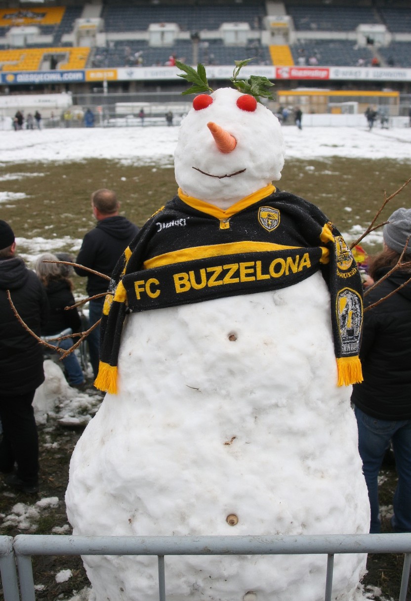 Fat and obese, snowman with a carrot nose is a football supporter hooligan, wearing a black and yellow team jersey, presenting a supporter scarf that says ”FC BUZZELONA”. The setting is the stands at a football stadium
