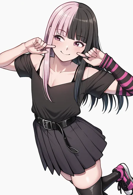 Smooth Quality,masterpiece,very intricate, high quality details, ultra realistic, high detailed skin,detailed enviorement,absurdres,
simple background, white background, dancing,skindentation, solo,dynamic angle,akanbe,
<lora:DangerousBitch_Femboy_CNR:0.8> dangerousfemb_cnr, 1boy,androgynous,pink hair,split-color hair, black hair, long hair, blunt bangs, pink eyes, otoko no ko,
black off-shoulder shirt, short sleeves, shirt tucked in,pleated skirt, belt, thighhighs,striped arm warmers,bra strap,sneakers,, forced smile,, ^q^,