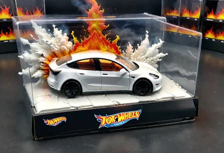 Hot Wheels toy car company have made a toy car version of a Tesla Model 3, The toy telsa model 3 car comes in a mini display unit/box. The car is exploding into fire and flames, white smoke fills the top of the display box, (realistic explosion from car), (realistic Flames bellow from the car windows inside the display unit), (standing next to the car is a little palstic toy man, he holds both arms in the air,