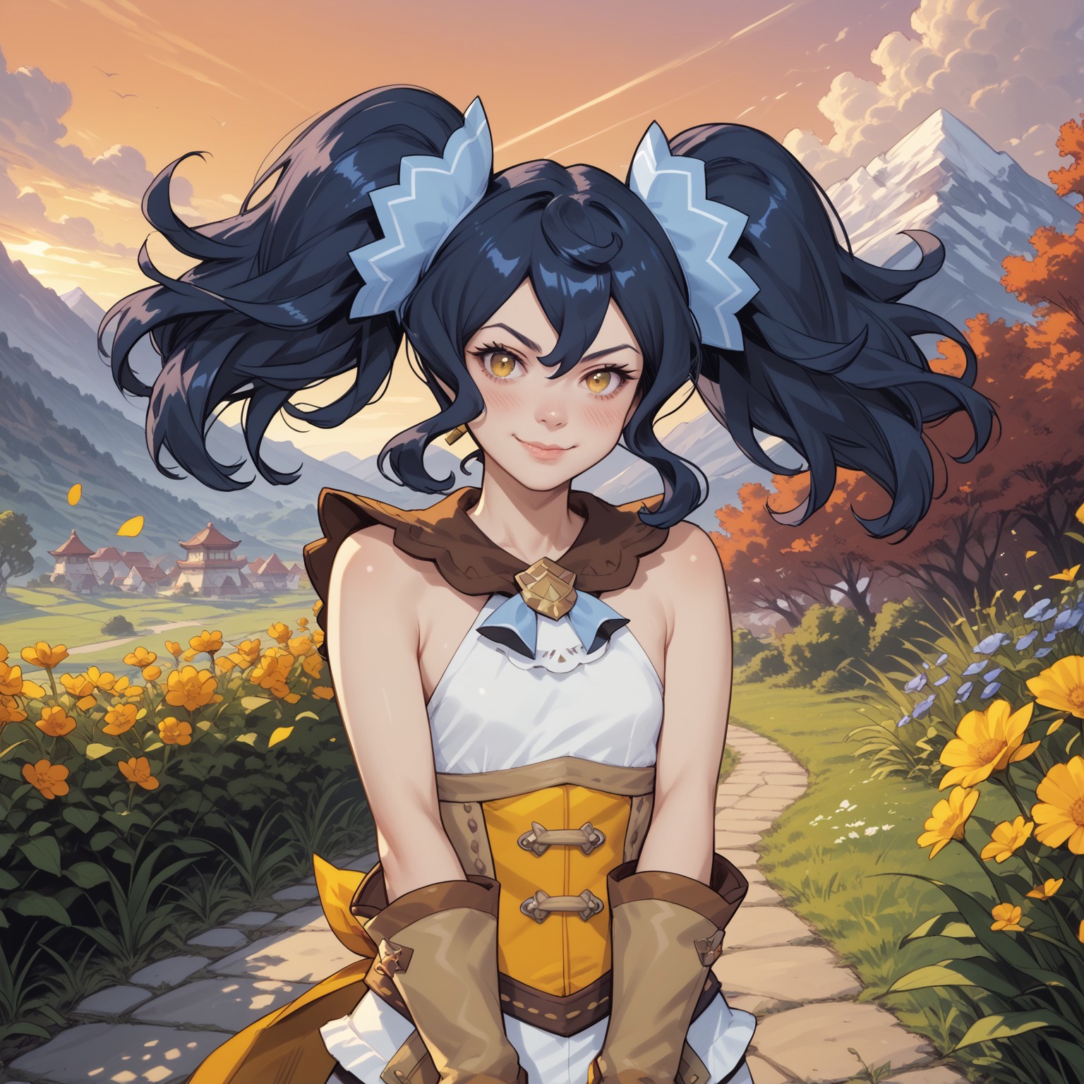 safe_pos, score_9, score_8_up, score_8, score_7_up, score_7, ExpressiveH,
BREAK
1girl, solo, Renee (Dragalia Lost), twintails, bangs, blue hair,  yellow eyes, hair ornament, small breasts, globes, corset, shorts, boots, petite, small breasts, looking at viewer, head tilt, seductive look, aroused, horny, standing, oiled skin, looking at viewer, lips parted, blushing, mischievous smile
BREAK
Garden, sunset, orange sky, purple sky, mountainous horizon