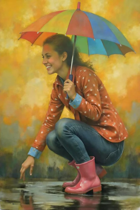 painting.
A young woman, angled from slightly above and to the right, crouching low to the ground in a puddle. The young woman is wearing bright pink rubber boots and a red jacket with white polka dots. The jacket sleeves are pushed up to reveal blue cuffs. The young woman also wears dark blue jeans and has a smile on her face as she extends her right index finger to touch the water in the puddle. Above the young woman is a large, open umbrella with rainbow-colored panels and a red handle. Her translucent form blend with a background of swirling yellows, oranges, and blues. <lora:billbate1_cap_d8a4e12:0.8><lora:852966478964615985:0>