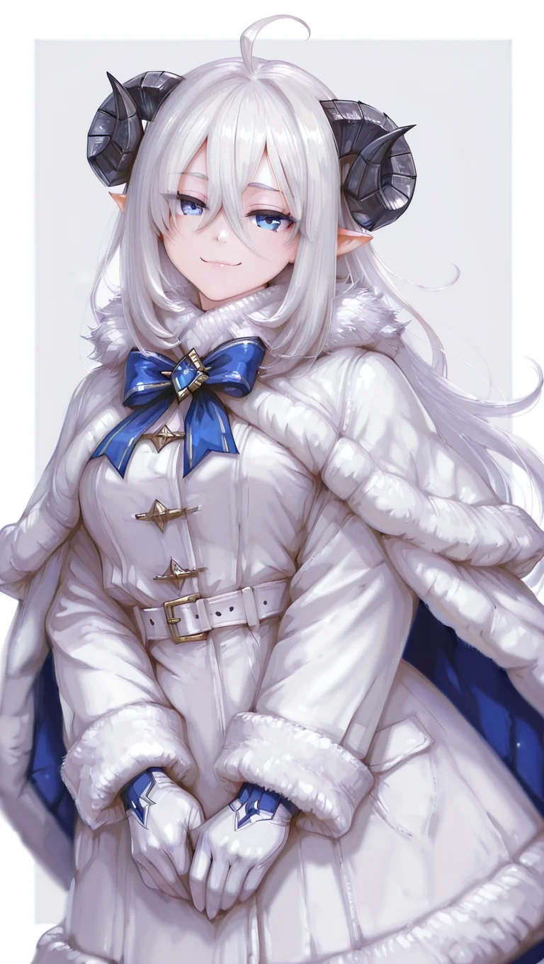 1girl, ahoge, bangs, blue eyes, bow, closed mouth, coat, eyebrows visible through hair, fur, fur-trimmed cape, fur-trimmed capelet, fur-trimmed coat, fur-trimmed dress, fur-trimmed gloves, fur-trimmed jacket, fur-trimmed sleeves, fur collar, fur trim, gloves, hair between eyes, horns, long hair, long sleeves, looking at viewer, outside border, pointy ears, sheep ears, sheep horns, smile, solo, two-tone background, white border, white gloves, white hair, winter clothes, winter coat, <lora:Mellow-000025:1>mellow