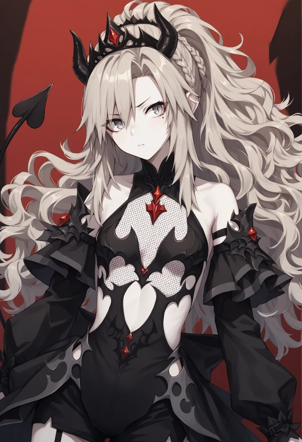 1girl, pale skin, grey eyes, grey hair, long hair, curly hair, mole under eyes, makeup, ponytail, braid, tiara, horns, short dress, revealing clothes, fishnets, demon tail, bat wings, <lora:Kriemhild:1>, score_9, score_8_up, score_7_up, score_6_up, score_5_up, score_4_up, BREAK source_anime, masterpiece
