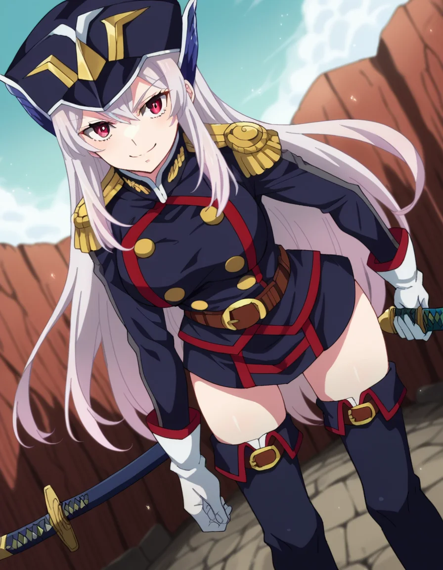 score_9, score_8_up, score_7_up, source_anime,
kyoukauzen, <lora:kyouka-uzen-s1-ponyxl-lora-nochekaiser:1>
kyouka uzen, long hair, red eyes, very long hair, white hair,
thighhighs, gloves, hat, boots, belt, sword, uniform, zettai ryouiki, military, military uniform, thigh boots, shako cap,
outdoors, wasteland, bent over, smile,
looking at viewer, cowboy shot, dutch angle, solo,