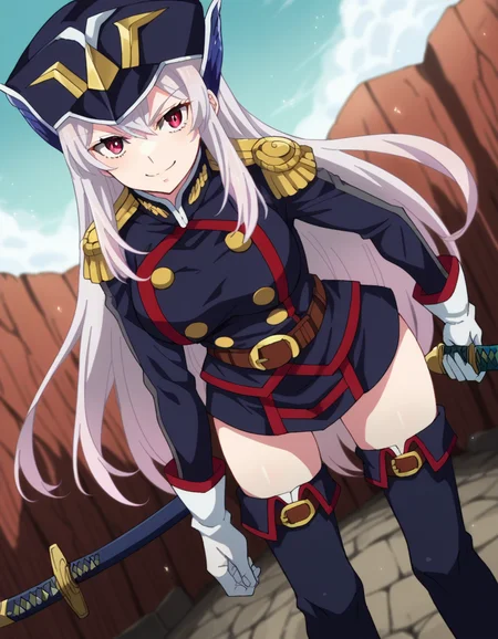 score_9, score_8_up, score_7_up, source_anime,
kyoukauzen, <lora:kyouka-uzen-s1-ponyxl-lora-nochekaiser:1>
kyouka uzen, long hair, red eyes, very long hair, white hair,
thighhighs, gloves, hat, boots, belt, sword, uniform, zettai ryouiki, military, military uniform, thigh boots, shako cap,
outdoors, wasteland, bent over, smile,
looking at viewer, cowboy shot, dutch angle, solo,