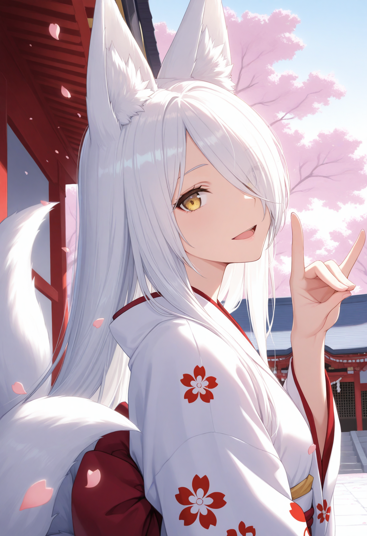 1girl, fox tail, sky, cherry blossoms, petals, temple, multiple tails, white hair, long hair, animal ears, masterpiece, yellow eyes, kitsune, hair over one eye, light smile, head tilt, close-up, portrait, open mouth, looking at viewer, fox shadow puppet,  from side, white kimono, standing, floral print, backlighting,