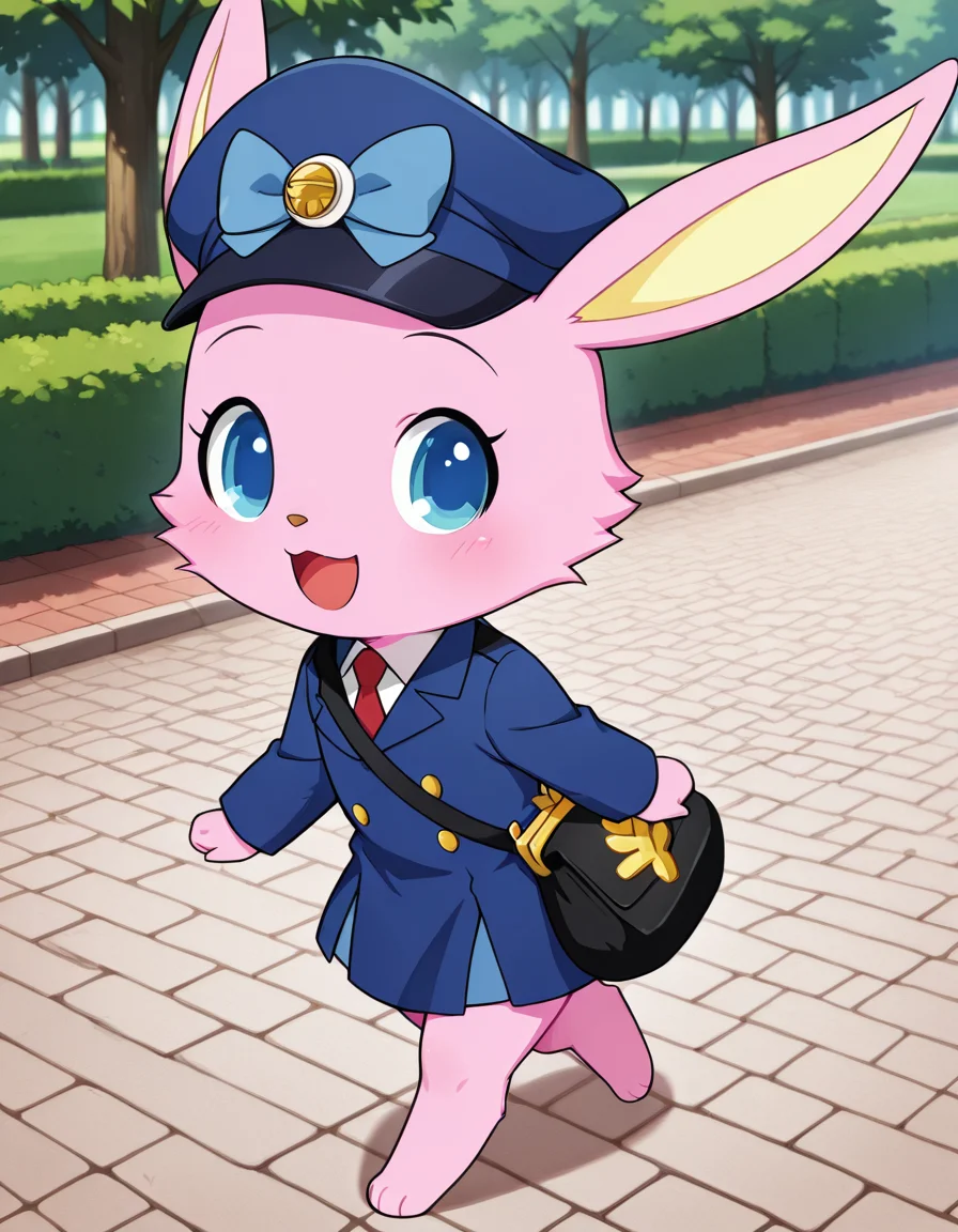 best quality, masterpiece, jppostaluna, chibi, female, furry, digitigrade, solo, rabbit, pink fur, pink body, yellow inner ears, brown nose, white shirt in blue postal uniform, red necktie, blue ribbon with golden brooch on blue cap, black shoulder pouch with golden ornament, blue eyes, looking at viewer, smile, open mouth, hand on bag, walking, detailed background, park, white brick road, side view <lora:jp_Luna_postal_Illustrious:1>
