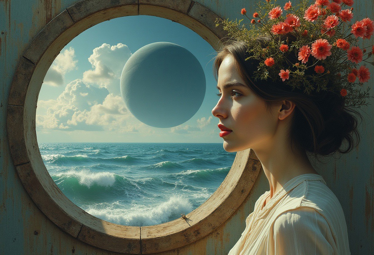 A surreal collage of a woman standing, with a circular window revealing a stormy sea and a planet in the background. female form, The woman's face is half-shadowed and turning into vegetation, with a red lip and a dreamy expression. The scene is a mix of realistic and dreamlike elements, with a sense of mystery