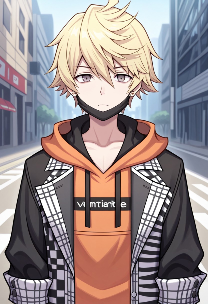 masterpiece,best quality,amazing quality, source_anime,
rindokanade, 1boy, male focus, solo, grey eyes, blonde hair, jewelry, earrings, mouth mask, mask pull, hoodie, orange hoodie, coat, black and white coat, open coat,
outdoor,