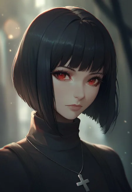 score_9, score_8_up, score_7_up, SLVTK, 1girl, solo, short hair, black hair, jewelry, looking at viewer, necklace, cross, portrait, bangs, red eyes, closed mouth, turtleneck, blurry background, cross necklace, lips, piercing, blurry, bob cut, eyelashes