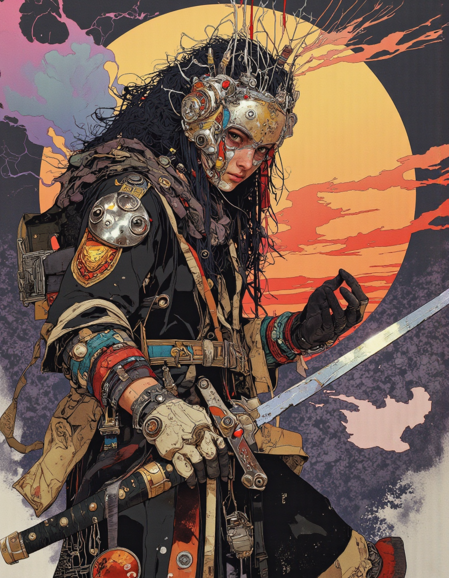 By Phandigrams. 
hell lava art by Yoann Lossel, color style by Tom Haugomat, wear tiara of wires, iron mask, holding cyber katana, volumetric light, fighter pose, insanely detailed, cyberpunk ornate, action packed, full body standing, sun rising background.