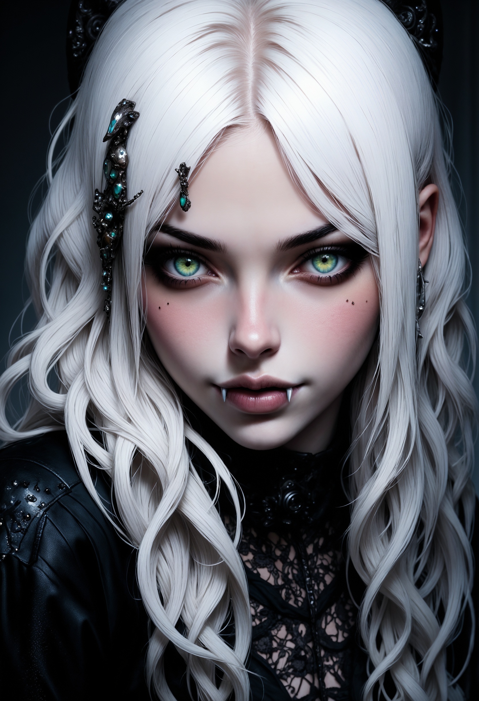 goth girl, white hair, vampire fangs, gothic jewelry, green jade eyes, realistic, 4k,
<lora:FluxF4ngs:1> <lora:ImageUpgraderV2:1> <lora:FluxMythP0rtr4itStyle:0.8> <lora:realism_lora:0.8>