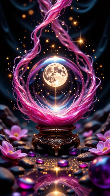 reij-ccnt, accent details, A stunning macro shot featuring a crystal ball suspended in mid-air, encased by vibrant pink mist that curls gracefully around it. Within the ball, the moon shines, adorned with fine golden sparkles. The black background enhances the depth of the scene, and stardust hovers around, illuminating the mist with a soft, ethereal glow. The shot uses a dynamic perspective that emphasizes the intricate detail of each petal, giving a sense of depth and otherworldly charm to this magical composition. A setting filled with fairy dust that create a warm and magical mood. The lighting is soft and warm, casting shadows and reflections across the scene. The environment feels peaceful, enhanced by purple gemstones <lora:accent4FLUX:0.5>, <lora:JedJourney:0.5>, <lora:FluxDFaeTasticDetails:0.5>