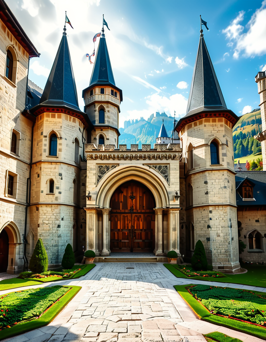 A highly detailed and realistic photograph of the massive entrance door of a medieval castle. The heavy wooden door is reinforced with large iron studs and intricate metalwork, set within a grand stone archway. The aged stone walls surrounding the entrance are weathered, covered in patches of moss and ivy, giving a sense of ancient history.
The cobblestone pathway leading to the door is slightly worn, with scattered fallen leaves and small tufts of grass growing between the stones. Above the entrance, a small, narrow window or arrow slit adds to the castleâs defensive design. The scene is illuminated by soft, natural light, casting shadows that highlight the textures of the stone and wood. The atmosphere is mysterious and majestic, evoking a sense of medieval grandeur.
<lora:SDXLFaeTastic2400:0.4> <lora:extremely_detailed:0.4> extremely detailed,  <lora:medieval_c4stl3_d00r:1>,medieval c4stl3 d00r, Masterpiece,best quality,hi res,8k,hi res,8k,award winning,(sharp focus, intricate, highly detailed),
