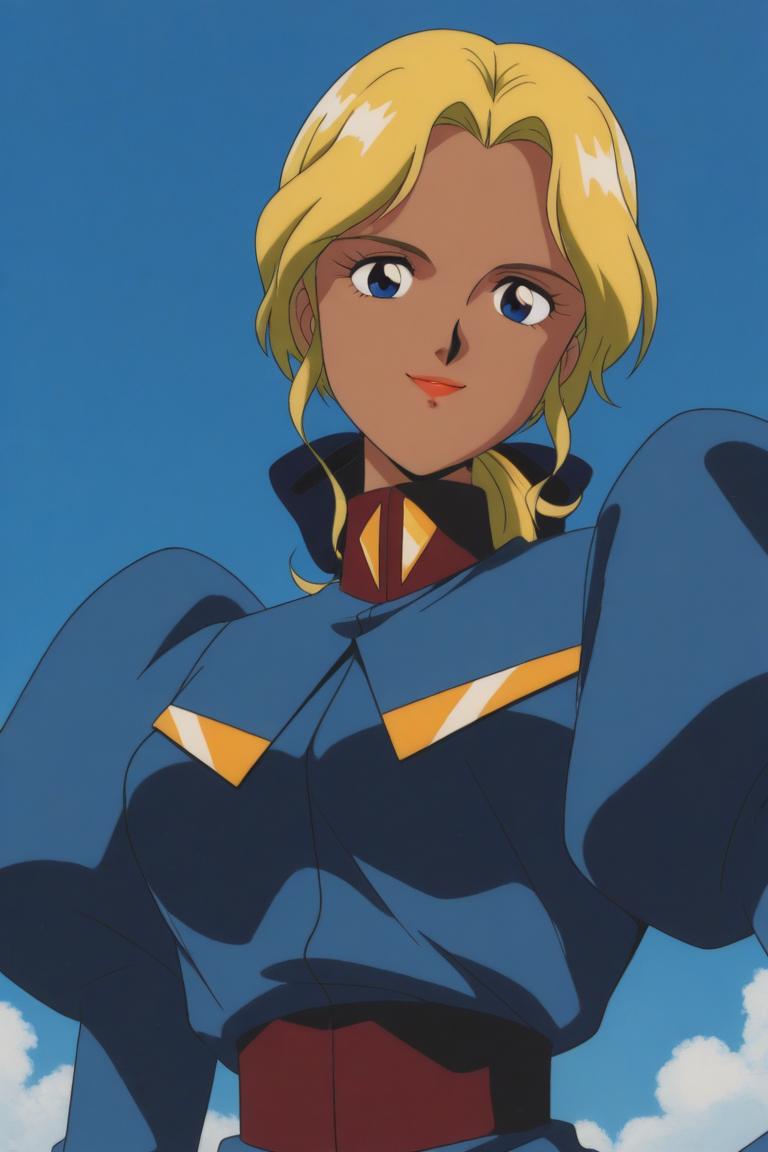 masterpiece, best quality, source_anime,official art,perfect_anatomy,1990s_\(style\),retro_artstyle,1girl,Electra,blonde_hair,dark_skin,long hair,ponytail,lipstick,uniform,puffy sleeves,red pants
military uniform,(beautiful detailed face,looking_at_viewer,smile),face focus,upper_body,day,blue_sky,cloud