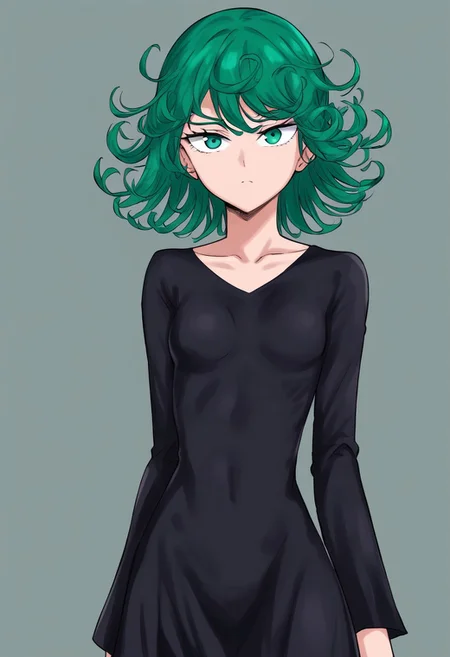 tatsumaki, one-punch man, 1girl, black dress, breasts, closed mouth, collarbone, cowboy shot, dress, green eyes, green hair, grey background, long sleeves, looking at viewer, medium hair, simple background, solo