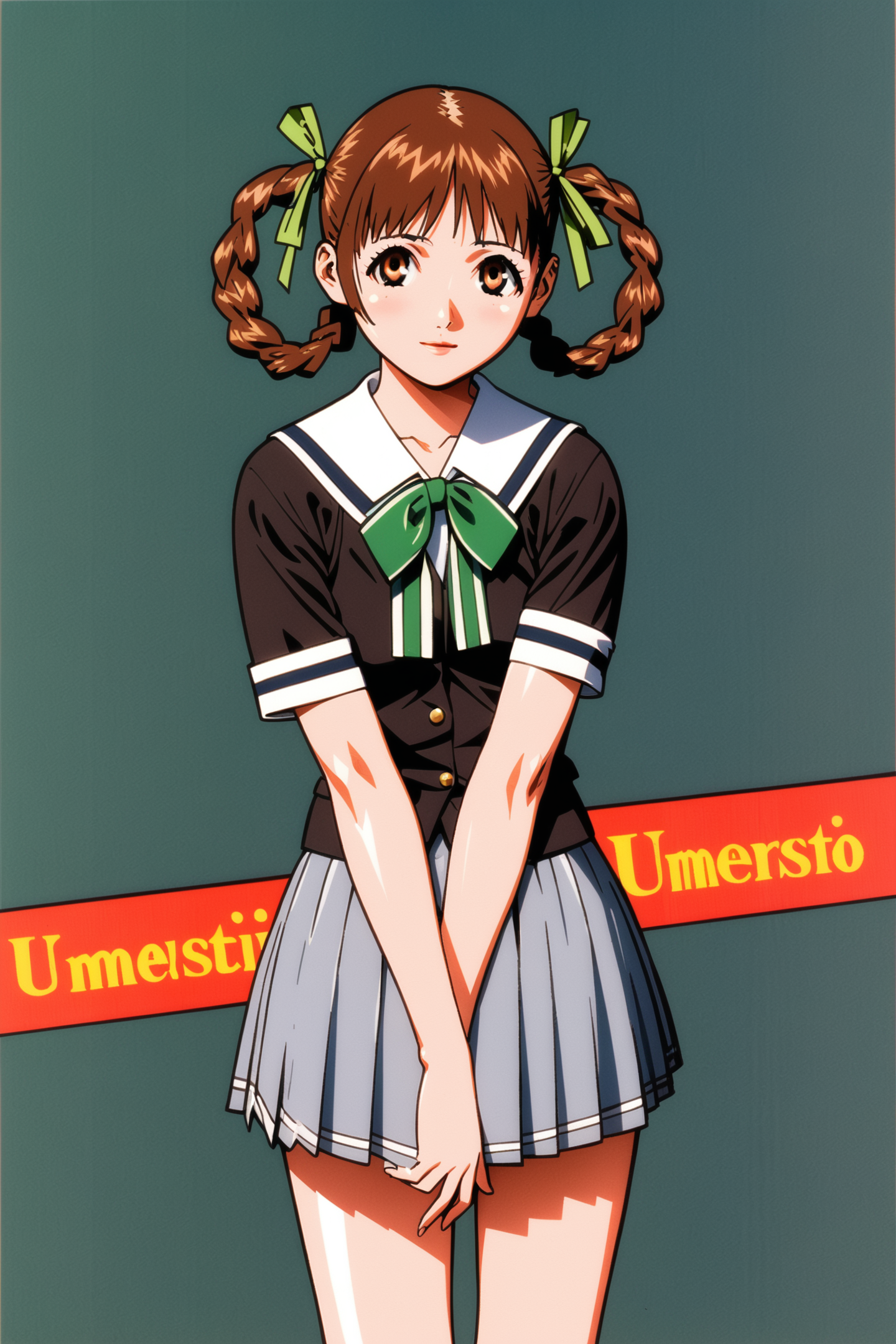 Yasuomi Umetsu Style,
Sawa,school uniform,braid,brown hair,skirt,1girl,brown eyes,braided hair rings,green ribbon,hair ribbon,solo,pleated skirt,v arms,twin braids,looking at viewer,hair rings,1990s \(style\),retro artstyle,character name,
<lora:super lora_flyx3_XL_V2:0.8>,