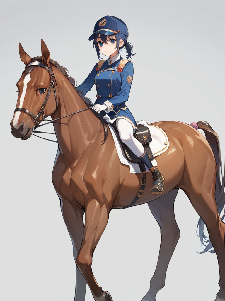 score_9, score_8_up, score_7_up,source_anime, high res image,masterpiece,best quality,girl,cute face,clear skin,shiny hair,ultra detailed eyes,simple background,  <lora:kisyu_pony_V1.0:0.9> kisyu, horse, riding