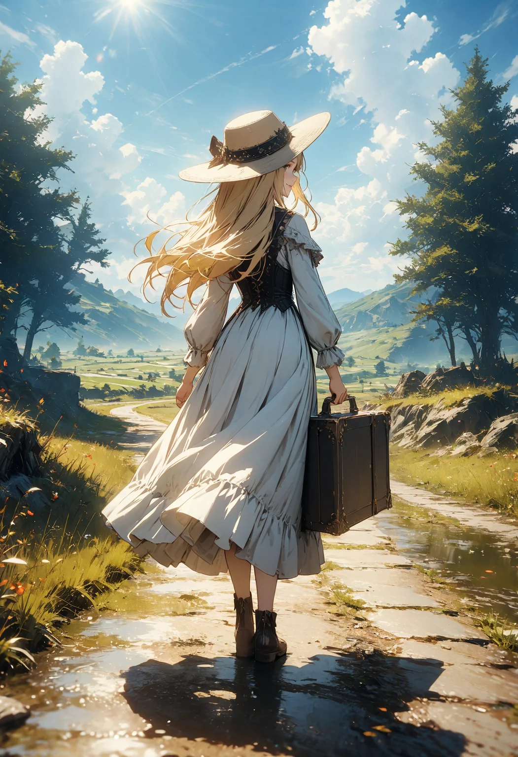 detailed landscape, 1girl, on a path, holding suitcase, noble dress, from back, facing away the viewer, long shot, blonde hair, long hair, hair with wind, looking at viewer, smiling, countryside, flat landscape, tree, outdoors, fantasy, blue sky, clouds, sunny, hat, cgi, masterpiece, best quality, very aesthetic, absurdres, <lora:add-detail-xl:1>, <lora:MJ52:0.25>, <lora:d4rk01lXLP:0.60> d4rk01l