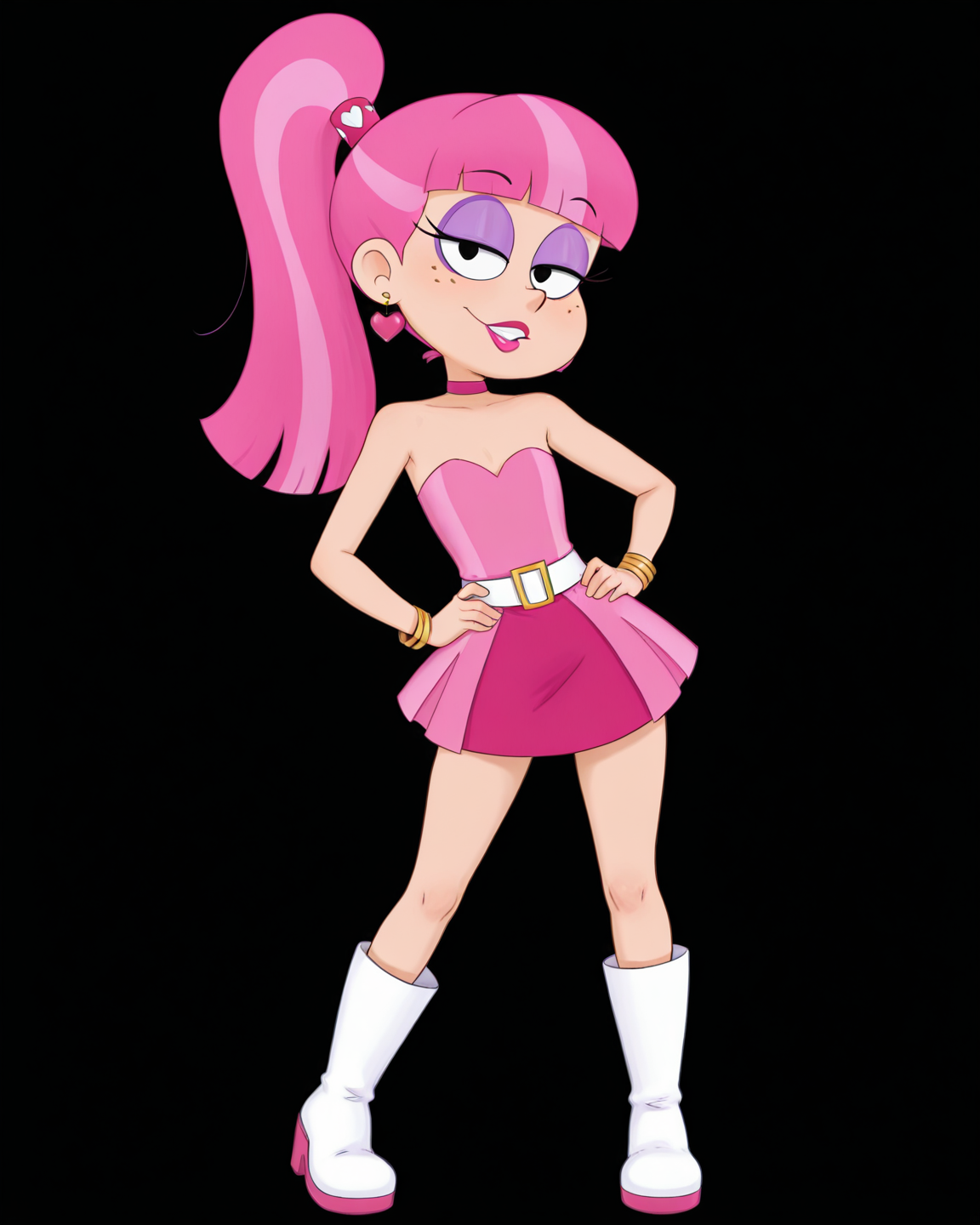score_9, score_8_up, score_7_up, masterpiece, best quality, newest, absurdres, highres, amazing quality, colorful, 
masterpiece, best quality, absurdres, newest, very aesthetic, amazing quality,highres,sensitive, absurdres, high resolution, ultra detailed, perfect details,
source_cartoon,   toon (style), (cartoon:1.0), source_carton:1.1, rating:suggestive, dynamic sexy pose, seductive, sultry,
detailed,detailed eyes,perfect eyes,detailed,detailed hands,perfect hands,detailed,detailed legs,perfect hands, 1girl, solo,  
<lora:Hoshime_Style_r2:0.6> , Hoshime_Style,
 <lora:Lulu_Louder:0.8> , Lulu_Louder, jewelry, pink hair, ponytail, makeup, long hair, eyeshadow, 
choker, boots, white footwear, hand on own hip, dress, heart earrings, black background, simple background, belt, standing, lipstick, freckles, black eyes, bracelet,