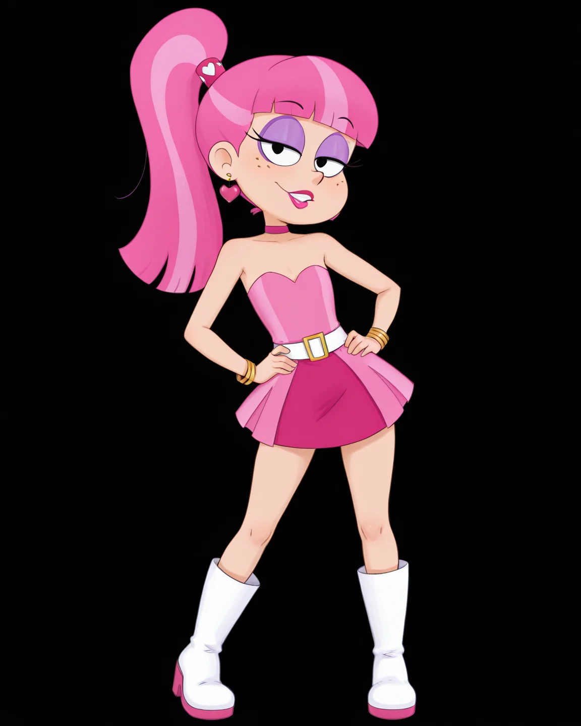 score_9, score_8_up, score_7_up, masterpiece, best quality, newest, absurdres, highres, amazing quality, colorful,
masterpiece, best quality, absurdres, newest, very aesthetic, amazing quality,highres,sensitive, absurdres, high resolution, ultra detailed, perfect details,
source_cartoon, toon (style), (cartoon:1.0), source_carton:1.1, rating:suggestive, dynamic sexy pose, seductive, sultry,
detailed,detailed eyes,perfect eyes,detailed,detailed hands,perfect hands,detailed,detailed legs,perfect hands, 1girl, solo,
<lora:Hoshime_Style_r2:0.6> , Hoshime_Style,
<lora:Lulu_Louder:0.8> , Lulu_Louder, jewelry, pink hair, ponytail, makeup, long hair, eyeshadow,
choker, boots, white footwear, hand on own hip, dress, heart earrings, black background, simple background, belt, standing, lipstick, freckles, black eyes, bracelet,