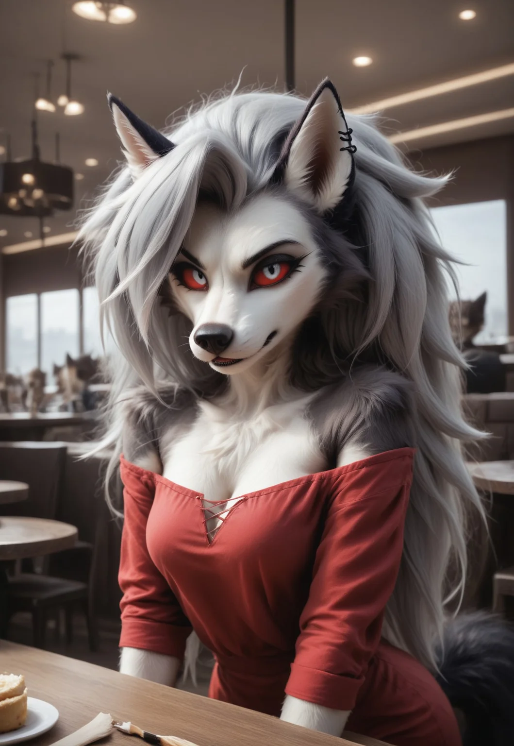 loona, helluva_boss, furry, anthro, tail, dog girl, wolf girl, dog tail, furry female, wolf tail, furry, two-tone fur, gray fur, dark gray fur, absurd res, sharp focus, <lora:more_details:1.0> detailed background, detailed skin, detailed hair, extremely detailed, ultra 8k quality, Hyperrealistic, photorealistic, realistic, ultrarealistic, high definition, detailed fur, highres, super high resolution, 8k, head forward, faceless female,
Red sclera, silver iris, detailed iris, animal nose, eye contact, looking at viewer, bangs, front bangs
DRESS, red dress
OFF SHOULDER SWEATSHIRT, LEGGINGS,
elegant restaurant,