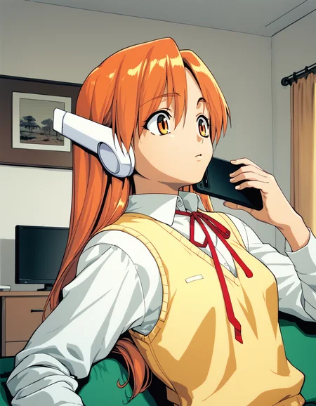 score_9, score_8_up, score_7_up, <lora:to-heart-ponyxl:0.9> 1girl, solo, serio, long hair, orange hair, robot ears, sweater vest, yellow vest, white shirt, neck ribbon, looking at phone, looking down, living room, indoors, couch