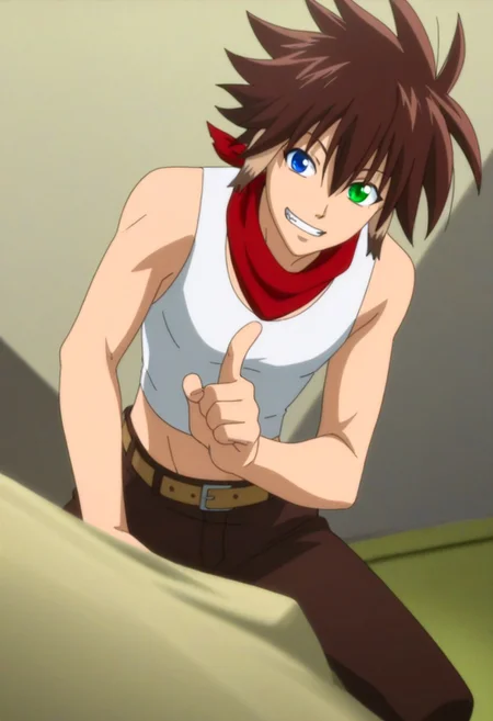 Anime, anime screencap, anime coloring, 1male only, 1boy only, male focus, one male character only, single male character only, single illustration only, bishonen, handsome, attractive, cute, Momou Inugami, brown hair, animal ears, heterochromia, blue right eye, green left eye, white tank top, red neck bandana, midriff, belt, brown pants, smile showing teeth, proud, index finger and thumb pose