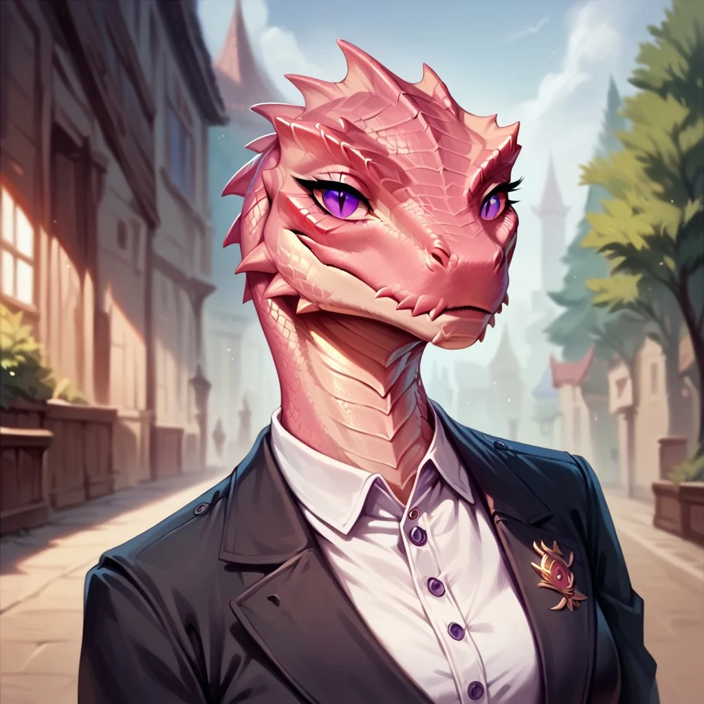 (((detailed, beautiful, high quality))), score_9, score_8_up, score_7_up, upper body,
lizardfolk, anthro lizard, slit pupil, scales, tail,
1 girl, pink scales, purple eyes,, business suit, white shirt, crest,
looking at the viewer, posing,
blurred background, fantasy background,