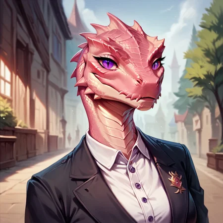 (((detailed, beautiful, high quality))), score_9, score_8_up, score_7_up, upper body,
lizardfolk, anthro lizard, slit pupil, scales, tail,
1 girl, pink scales, purple eyes,, business suit, white shirt, crest,
looking at the viewer, posing,
blurred background, fantasy background,