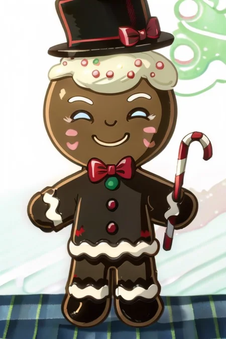 OverallDetail, male, solo, Gingerbread_Man, made of gingerbread, food focus, no humans, food creature, living cookie, frosting, frosting hair, (head tuft:1.2), blush stickers, plate, table, tablecloth, on table, walking, tiny, curly hair, bow tie, tailcoat, long sleeves, formal wear, top hat, candy cane, masterpiece, extreme detail, candy, simple face, dot eyes, high-angle view, standing, inside, kitchen, looking at viewer, smile, half-closed eyes smug, cute, chibi
