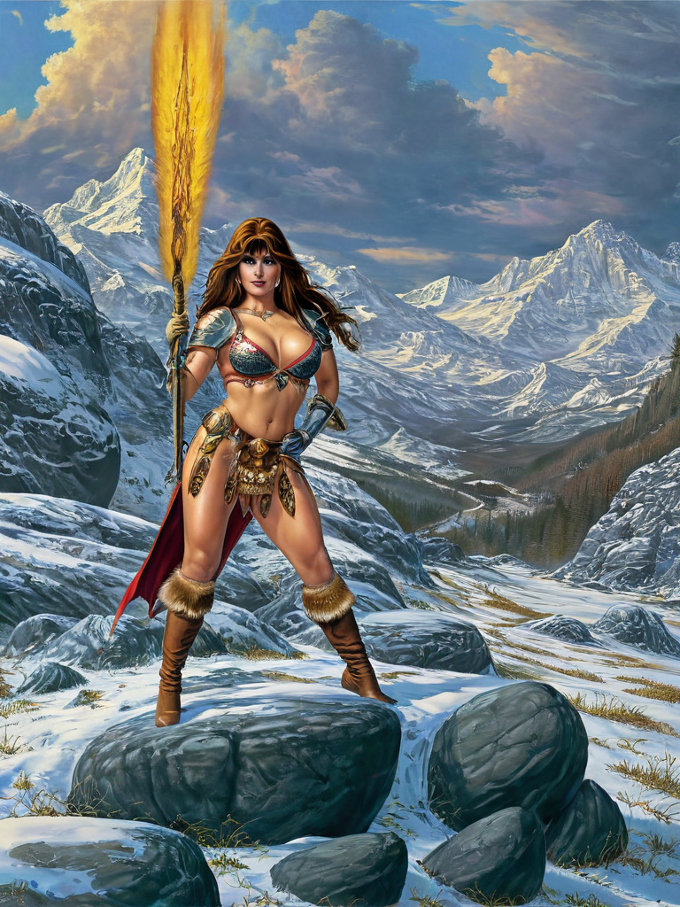 fantasy illustrations of by Elmore_Style_LX , standing pose, Witches and warriors, sexy, skimpy, slutty, supermodel witch, adventure, cinematic, epic outdoor location, fantasy illustration, cinematic scene by forgotten realms, 1woman barbarian, skimpy armor, Huge breasts, bikini armor, sexy barbarian nude , with sword with a magic items, in the background epic winter sunset Fantasy masterpiece by Larry Elmore , dragonlance , <lora:Elmore_Style_LX-000010:0.6>