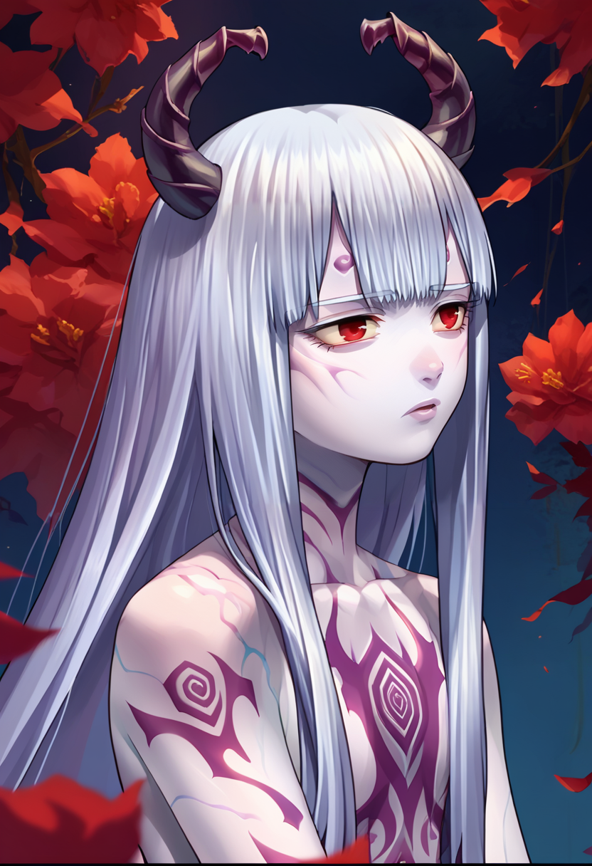 score_9, score_8_up, score_7_up, 1girl, Uematsu Rikako, silver hair, long hair, red eyes, tsuchigumo form, white skin, tattoos, horns  <lora:RIkako 50e-000048:1>