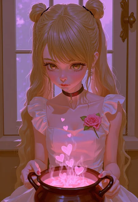 SWMS,(a pin-up poster of a cute witch), [cowboy-shot, focused], [slender and toned figure], [long blonde hair up in a messy bun], brewing a love potion in a steaming cauldron, [tiny pink hearts floating up from the bubbling liquid with the pink mist], [pale green eyes focusing on the cauldron], wearing a sundress, a cute witch's cottage background, [magical, dreamy atmosphere], [morning setting, soft whispers of a breeze], [a sense of enchantment] detailed drawing   <lora:FLUX - SWMSF - Styles for FLUX ( detailed drawing, swms ):1> <lora:FLUX - Surreal_Photo (Glitter):0.6>
