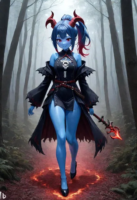 highres,best quality,ponytail, full body,short height,happy,(purple eyes),photograph,realistic lighting,cute face,1girl,red tips on hair,red skin, fantasy world,in the forest, warlock,demon horns,skull logo, DonMD3m0nXL,blue skin:1.4, yellow eyes, anime style,blue flame,flames around hands,fantasy adventure outfit,fighting stance,dragon tail:1.3,fantasy pants