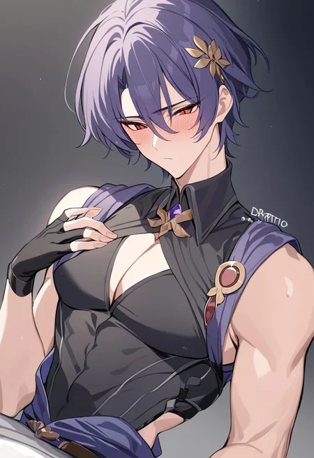 masterpiece, best quality, solo, 1boy, male focus, dr. ratio, red eyes, short hair, hair between eyes, hair ornament, purple hair, black shirt, clothing cutout, pectoral cleavage, sleeveless shirt, black gloves, fingerless gloves