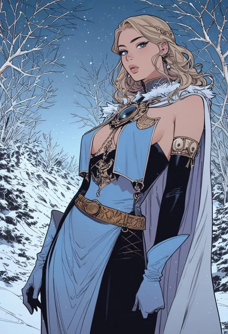 score_9, score_8, score_7, score_6, rating_explicit,
Source_anime, hentai manga, Art Nouveau:0.75, 1women, witch, pale, dark eyes, cute face, open lips, perky breasts, breast curtain, cape, gold belt, halter top, gloves, leggings, blue colours, medium breasts, forest landscape, winter, snow, dramatic rim lighting
