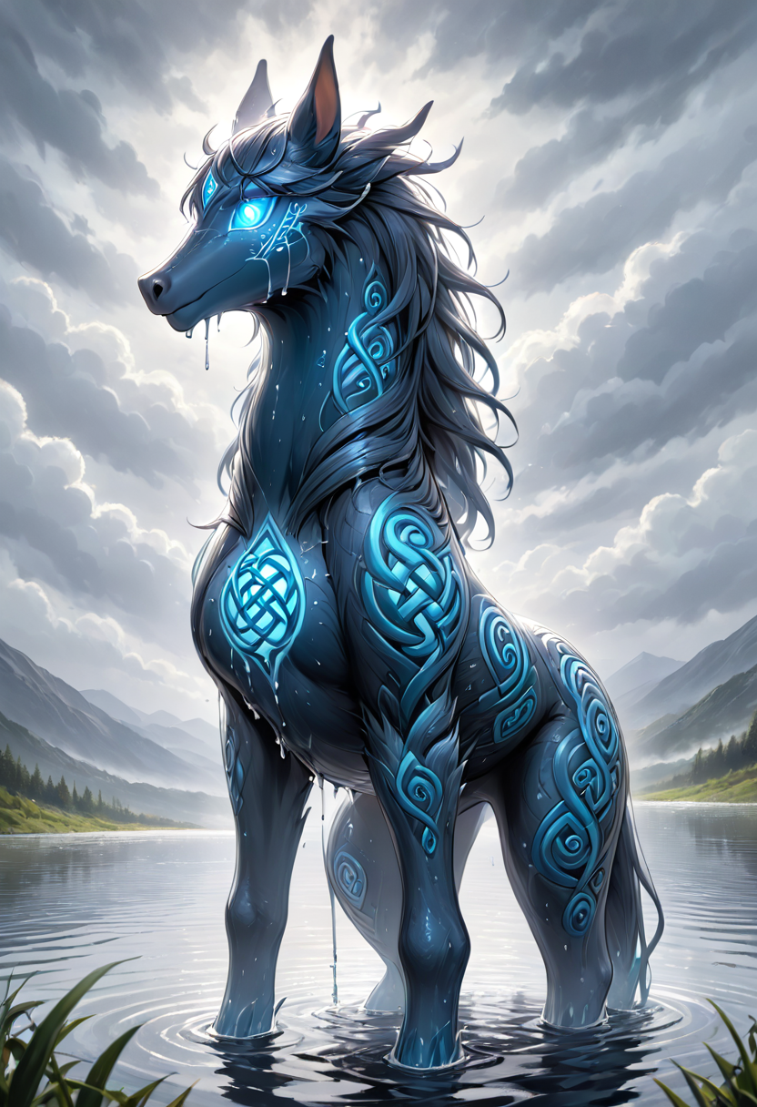 A kelpie rising from a dark lake, dripping water, horse-shaped but unnatural, glowing spiral runes on its body, overcast sky, dark celtic fantasy, masterpiece, high detail, absurdres, mobe-cedeen, <lora:CelticDetailEnhancer_epoch_12:1.25>