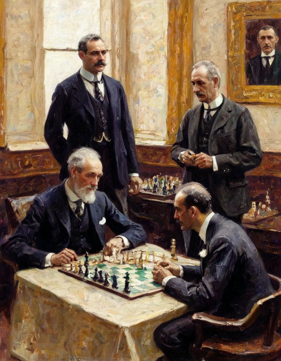 A Cornwall painting of two masters playing the final match of chess for the world title at a renown chess club in New York in 1911. One of the players is an aging grand champion from Great Briton and the other is a young competitor from Hungary <lora:DCornwall-000005:1>