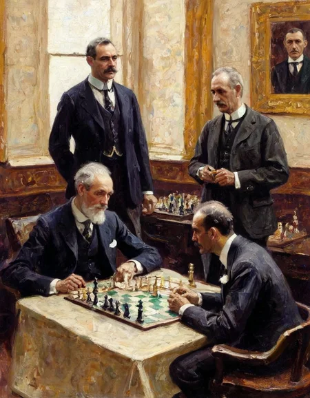 A Cornwall painting of two masters playing the final match of chess for the world title at a renown chess club in New York in 1911. One of the players is an aging grand champion from Great Briton and the other is a young competitor from Hungary <lora:DCornwall-000005:1>
