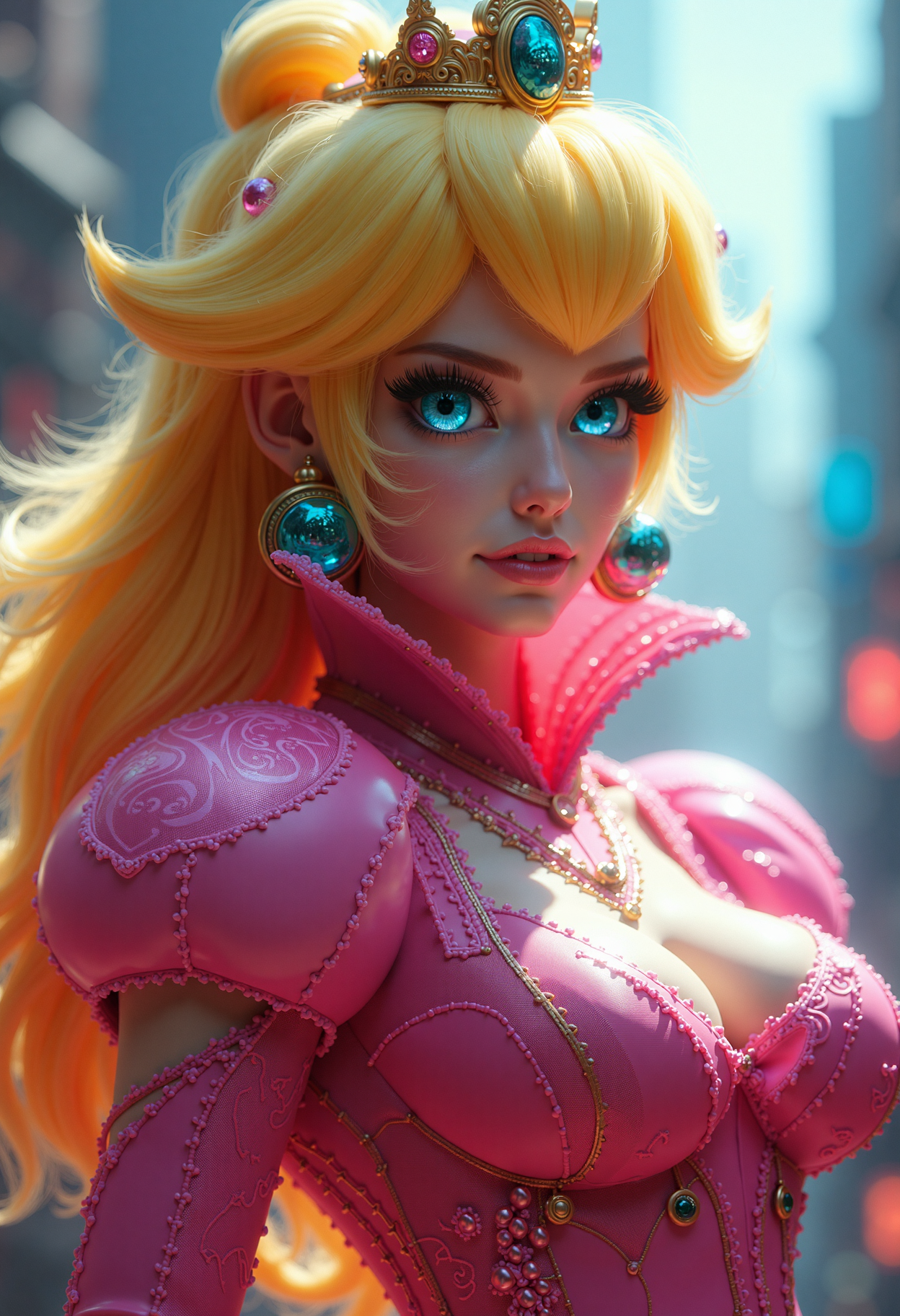 Detailed, masterpiece, professional, bold colors, awe-inspiring, photography inspired by modern fantasy art, medium shot, HDR, futuristic realistic Princess Peach in a cyberpunk theme, elaborate attire, hyper realistic animated game aesthetics