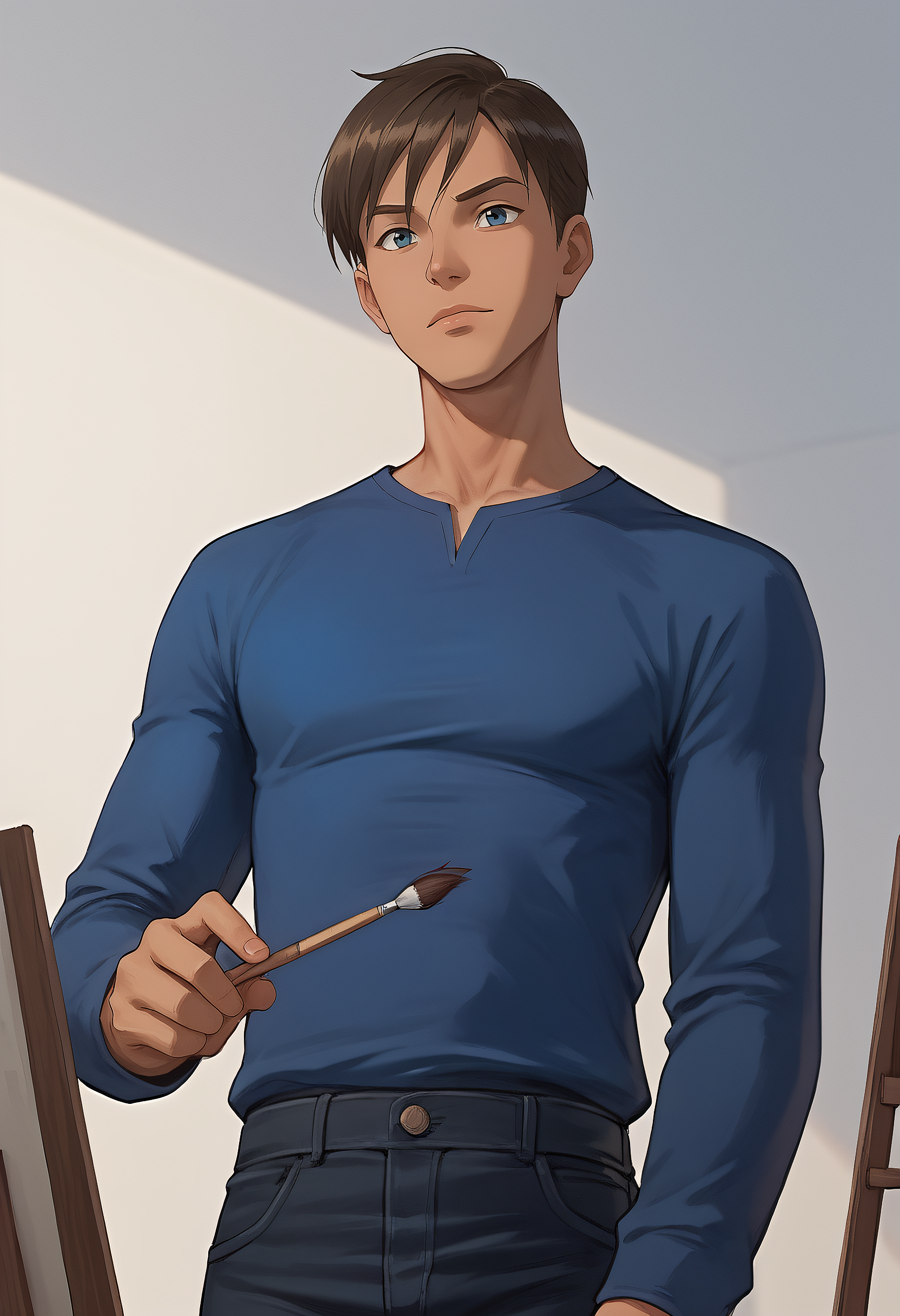 embedding:Pony\Positive\zPDXL3, score_9, score_8_up, score_7_up, 1boy, david_ts!, tanned skin, slim body, male focus, solo, blue long sleeves shirt, white trousers, painting, drawing, focusing on the canvas, canvas (objects), face stained by color paint, painting, brushes, artistic, from below, best quality, high resolution, masterpiece.